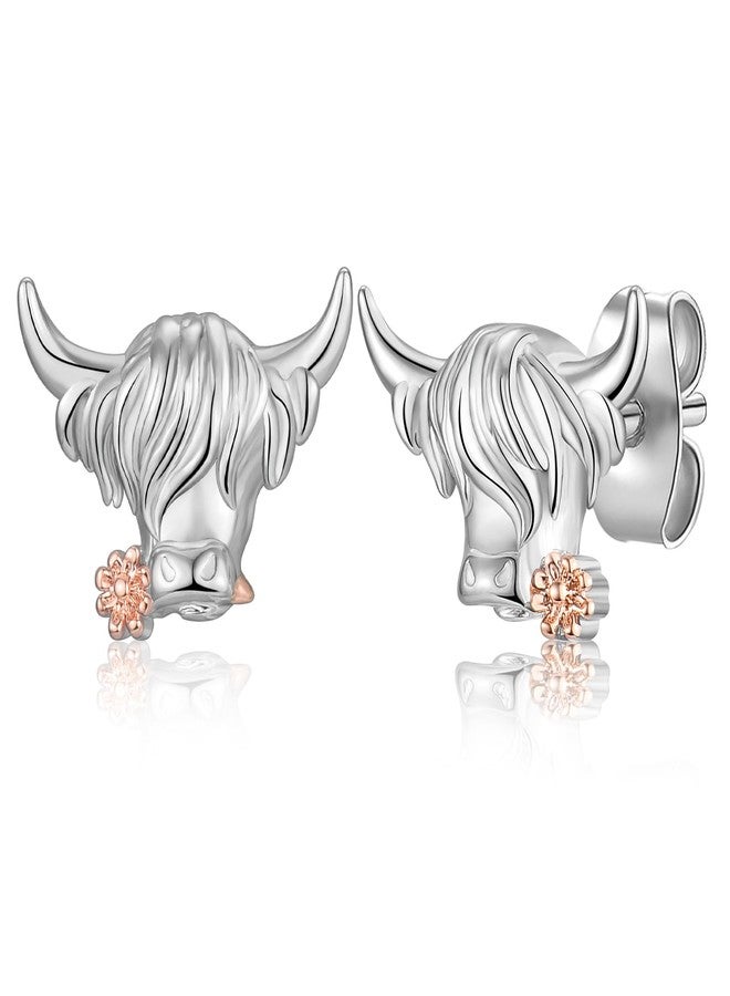 EPIRORA Highland Cow Stud Earrings for Women Girls, White & Rose Gold Plated Hypoallergenic Silver Earrings Jewelry Decor, Cute Scottish Cow Animal Ear Studs Statement Jewelry Gifts for Her - Image 1